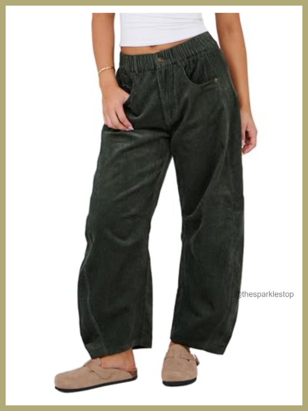 Corduroy Barrel Pants Wide Leg Trousers Elastic Waist Women